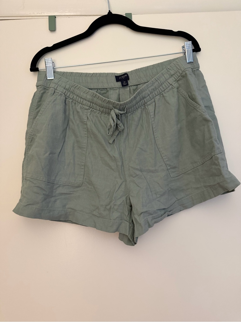 J. Crew Sage Green Drawstring High-Waist Linen-Blend Shorts